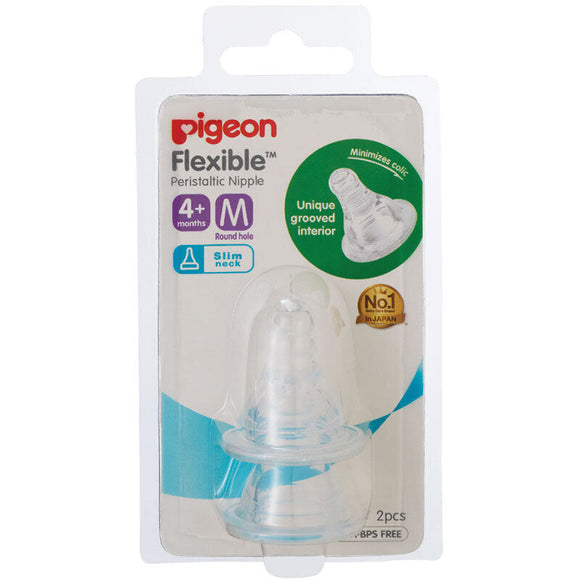 Pigeon Flexible Peristaltic Nipple Slim Neck Teat M Flow 2 pack suits 4+ months