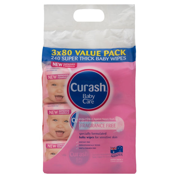 Curash BabyCare Helps Protect Against Nappy Rash Fragrance Free 3x80 Baby Wipes Value Pack
