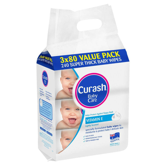 Curash BabyCare Moisturising Vitamin E 3x80 Baby Wipes Value Pack