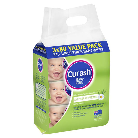 Curash BabyCare soothing Aloe Vera & Chamomile 3x80 Baby Wipes Value Pack