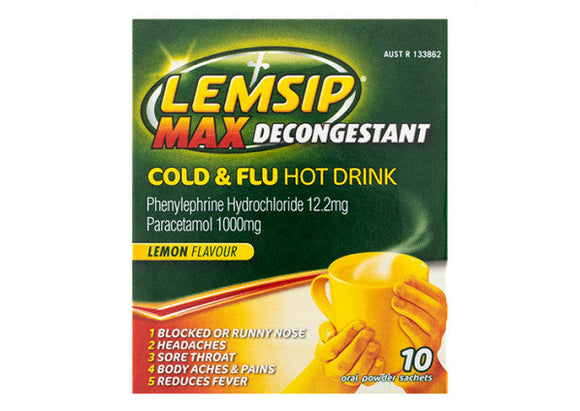 Lemsip Max Decongestant Cold & Flu Hot Drink 10 Oral Powder Sachets