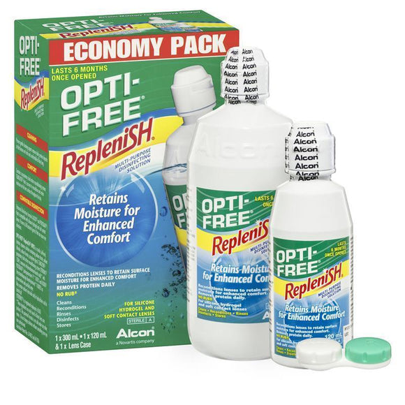 Opti-Free Economy Pack  Replenish Multi-Purpose Disinfection Solution 1 x 300ml, 1 x 120ml & 1 x Len