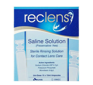 Reclens Saline Solution Sterile Rinsing Solution for Contact Lens Care Uni Dose 15 x 15ml Ampoles